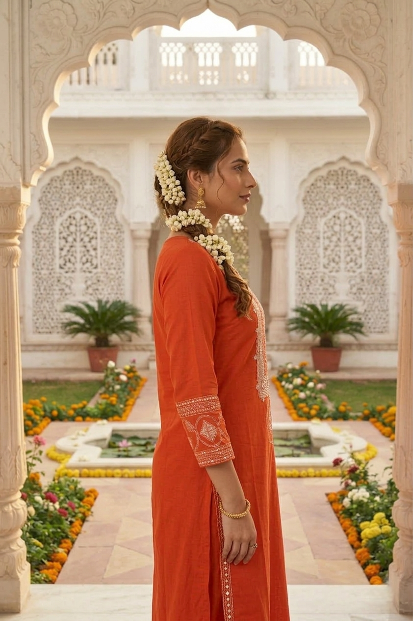 Neerus Orange cotton thread embroidered kurti - detail view 1