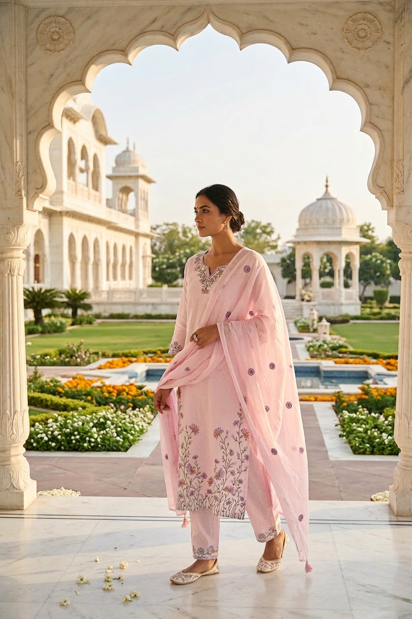 Neerus Pink cotton thread embroidered suit set - back view