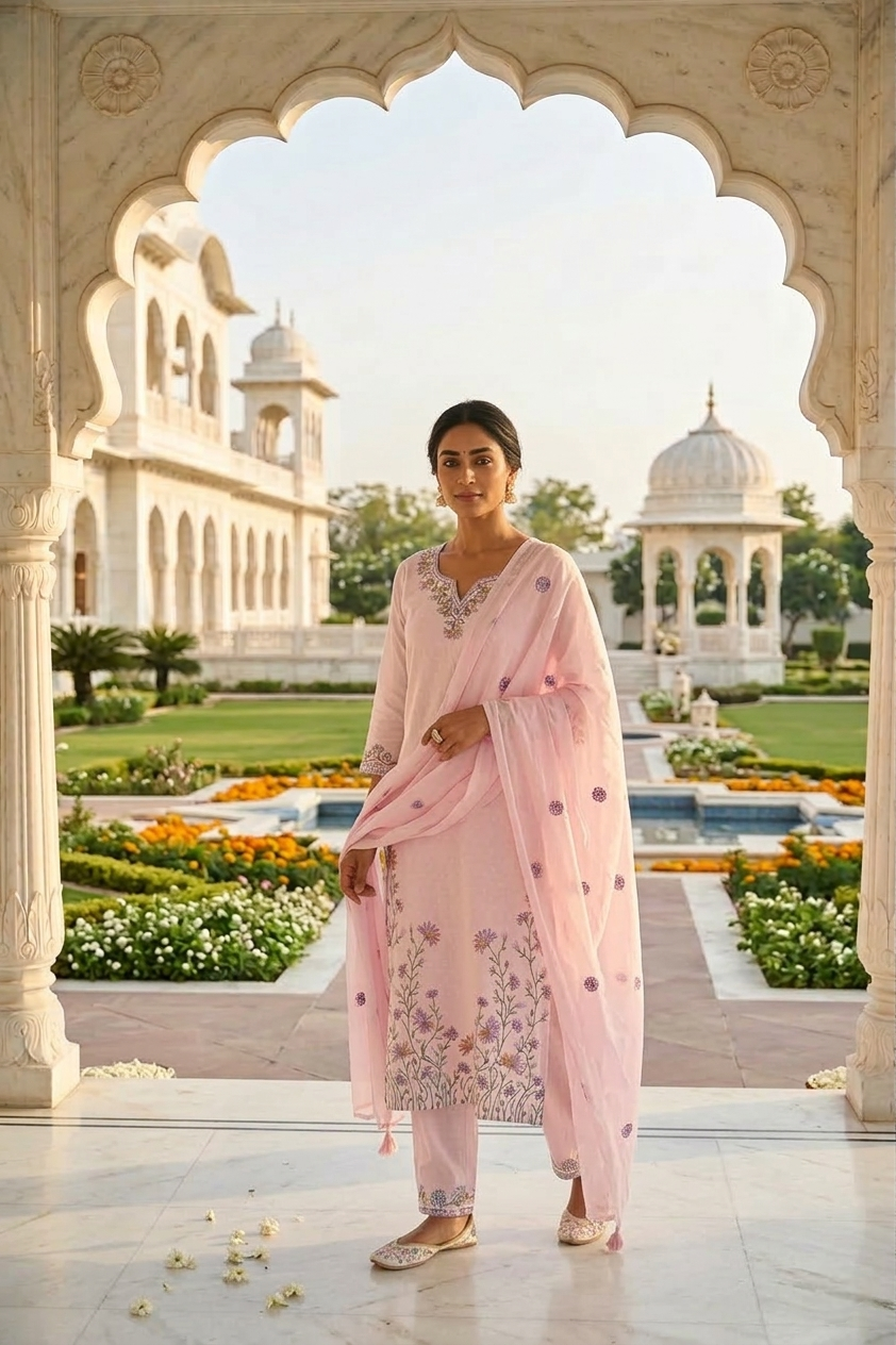Neerus Pink cotton thread embroidered suit set - front view