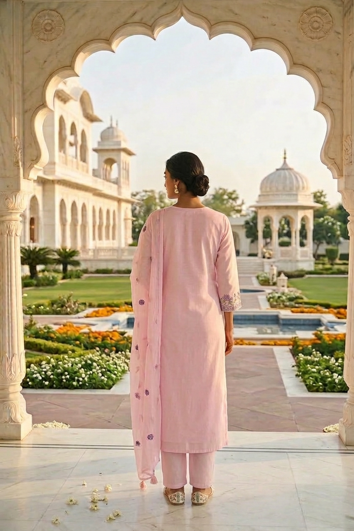 Neerus Pink cotton thread embroidered suit set - side view