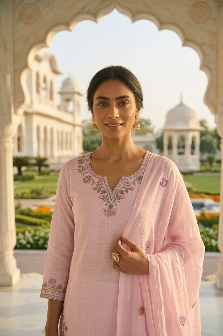 Neerus Pink cotton thread embroidered suit set - detail view 1