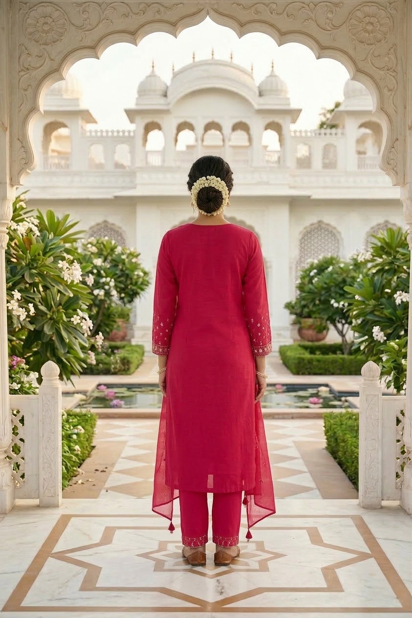 Neerus Pink cotton thread embroidered suit set - back view
