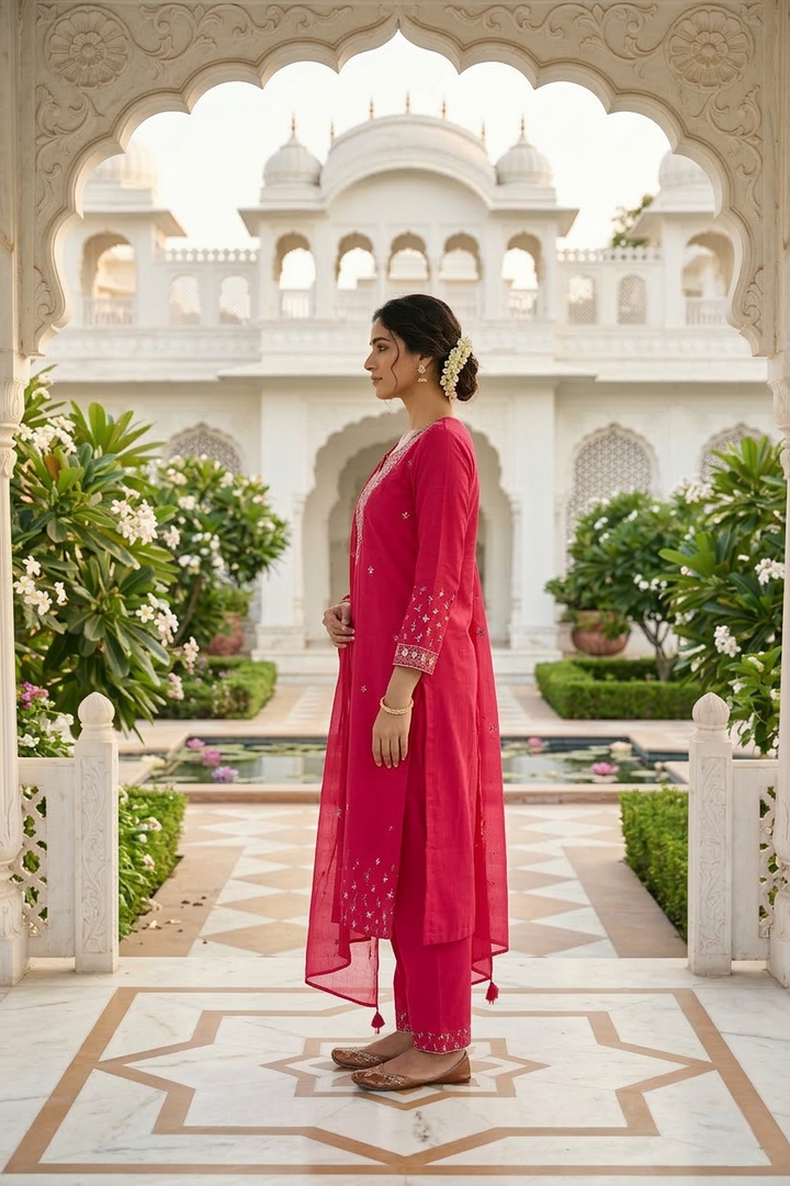 Neerus Pink cotton thread embroidered suit set - side view