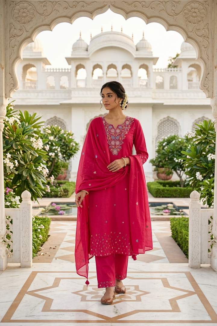 Neerus Pink cotton thread embroidered suit set - front view