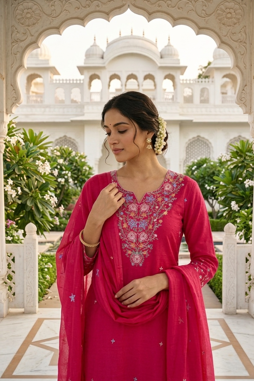 Neerus Pink cotton thread embroidered suit set - detail view 2