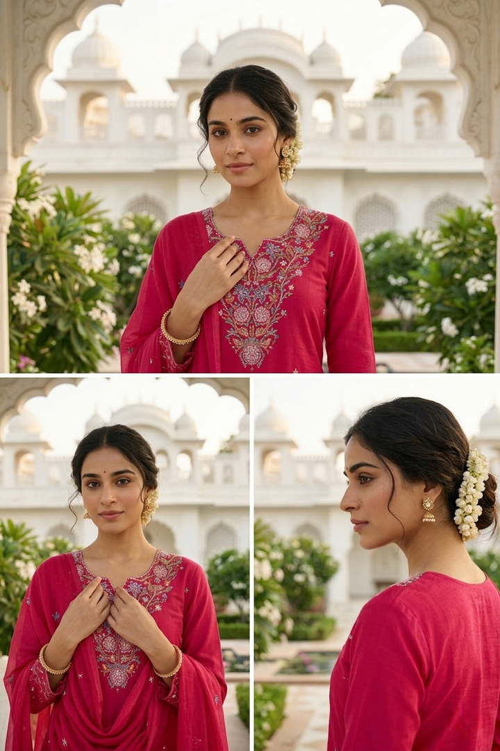 Neerus Pink cotton thread embroidered suit set - detail view 1