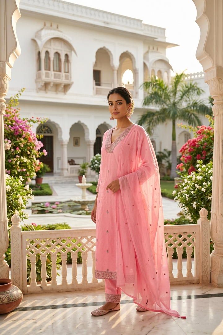 Neerus Pink cotton thread embroidered suit set - front view