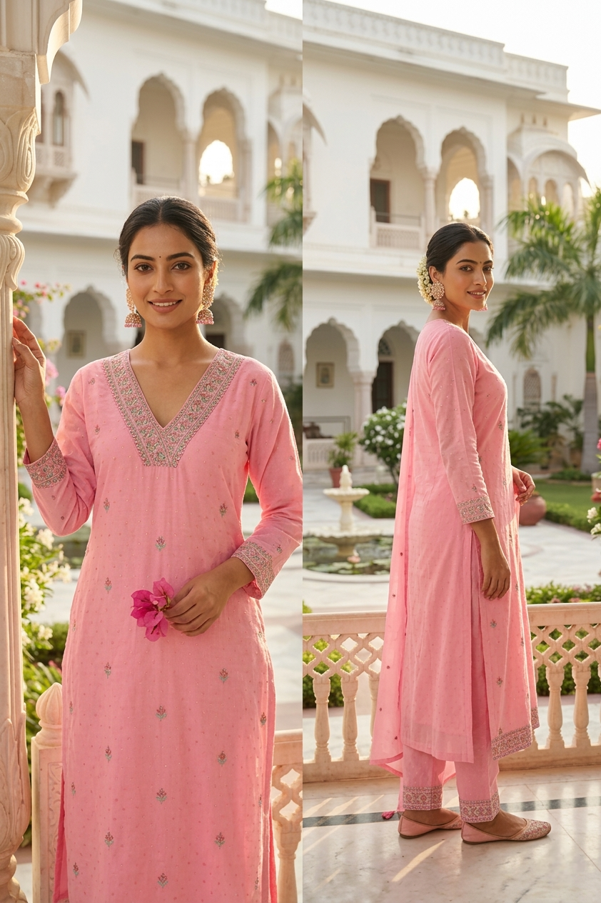 Neerus Pink cotton thread embroidered suit set - back view