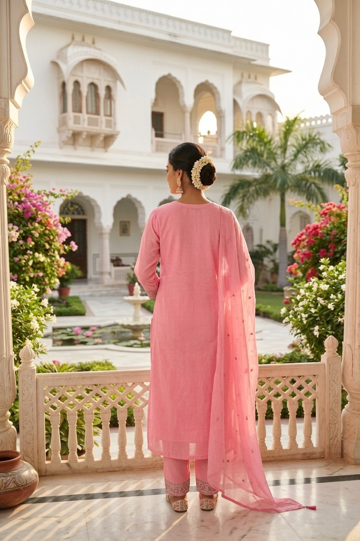 Neerus Pink cotton thread embroidered suit set - side view