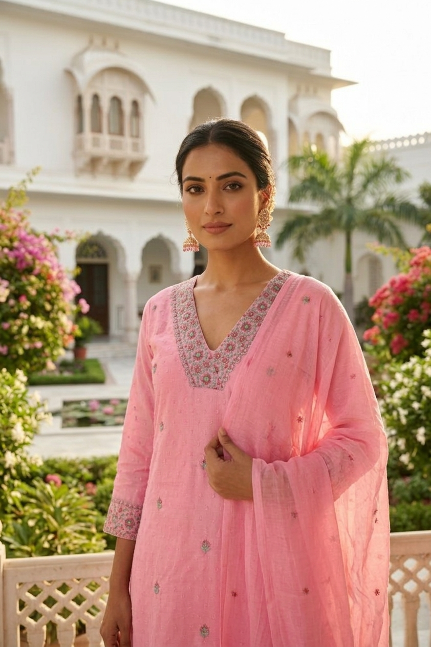 Neerus Pink cotton thread embroidered suit set - detail view 1