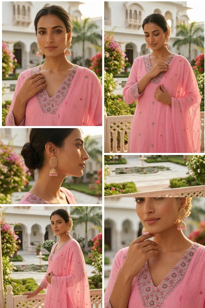 Neerus Pink cotton thread embroidered suit set - detail view 2