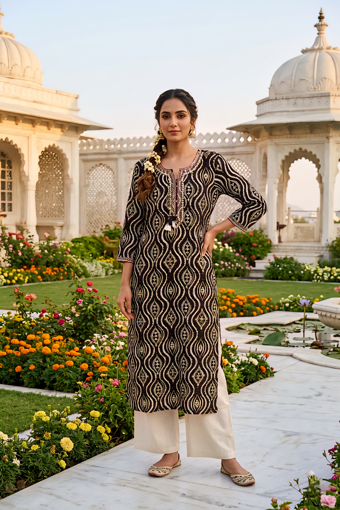 Neerus Black rayon thread embroidered kurti - front view