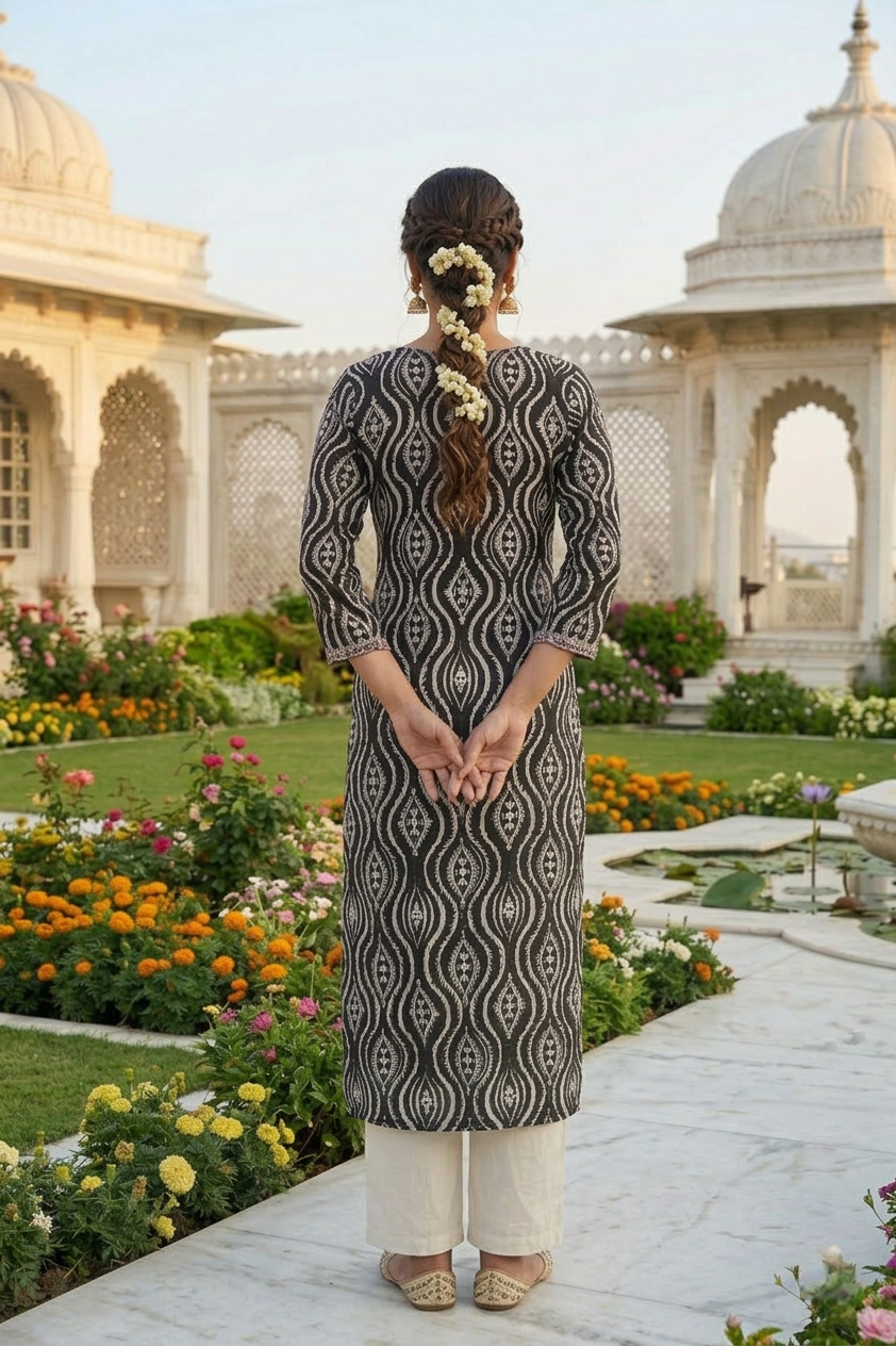 Neerus Black rayon thread embroidered kurti - back view