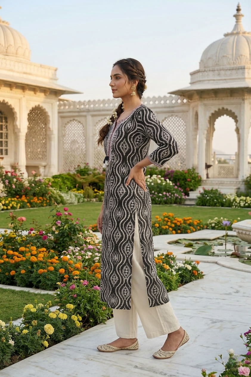 Neerus Black rayon thread embroidered kurti - side view