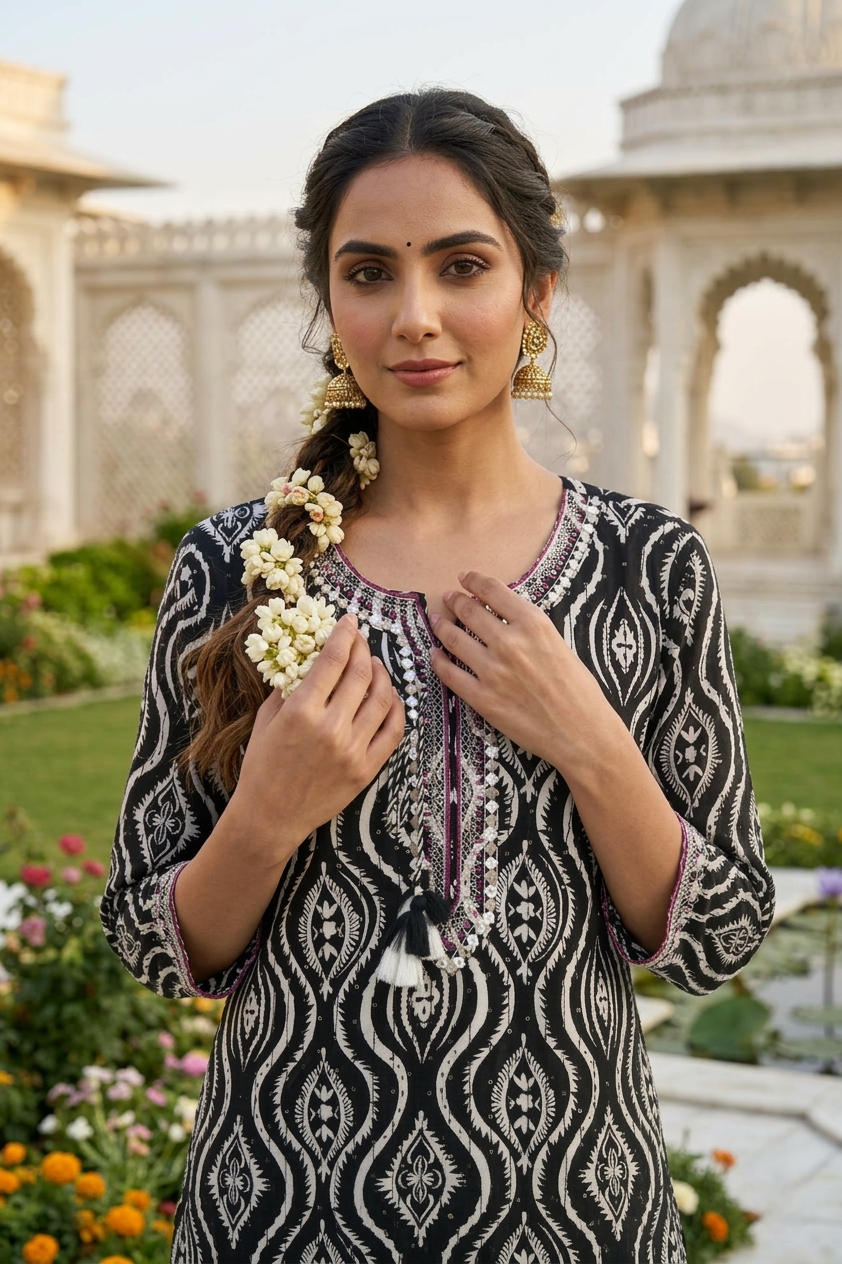 Neerus Black rayon thread embroidered kurti - detail view 1