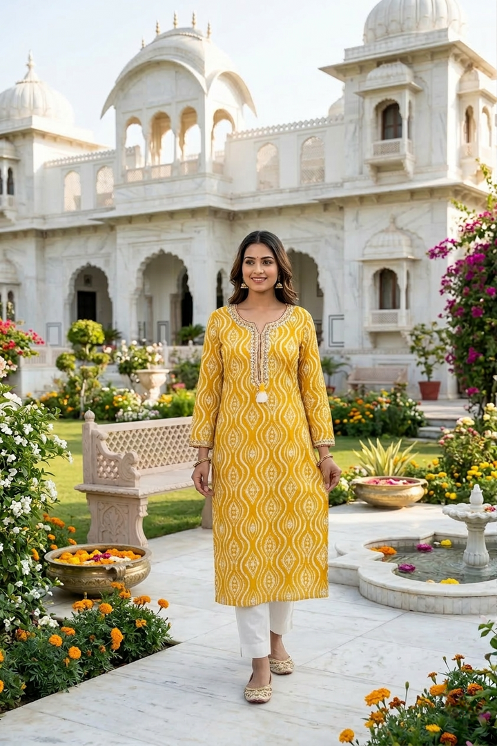 Neerus Yellow Rayon Thread Embroidered Kurti - front view