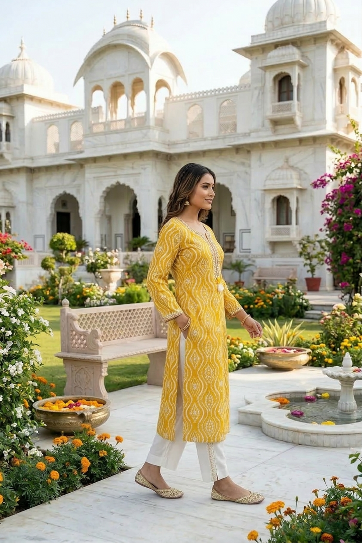 Neerus Yellow Rayon Thread Embroidered Kurti - back view
