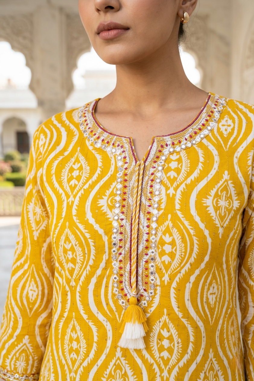 Neerus Yellow Rayon Thread Embroidered Kurti - detail view 1