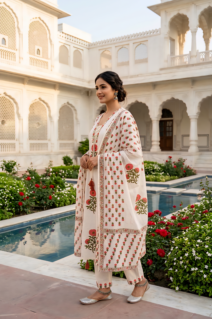Neerus White cotton digital printed suit set - back view