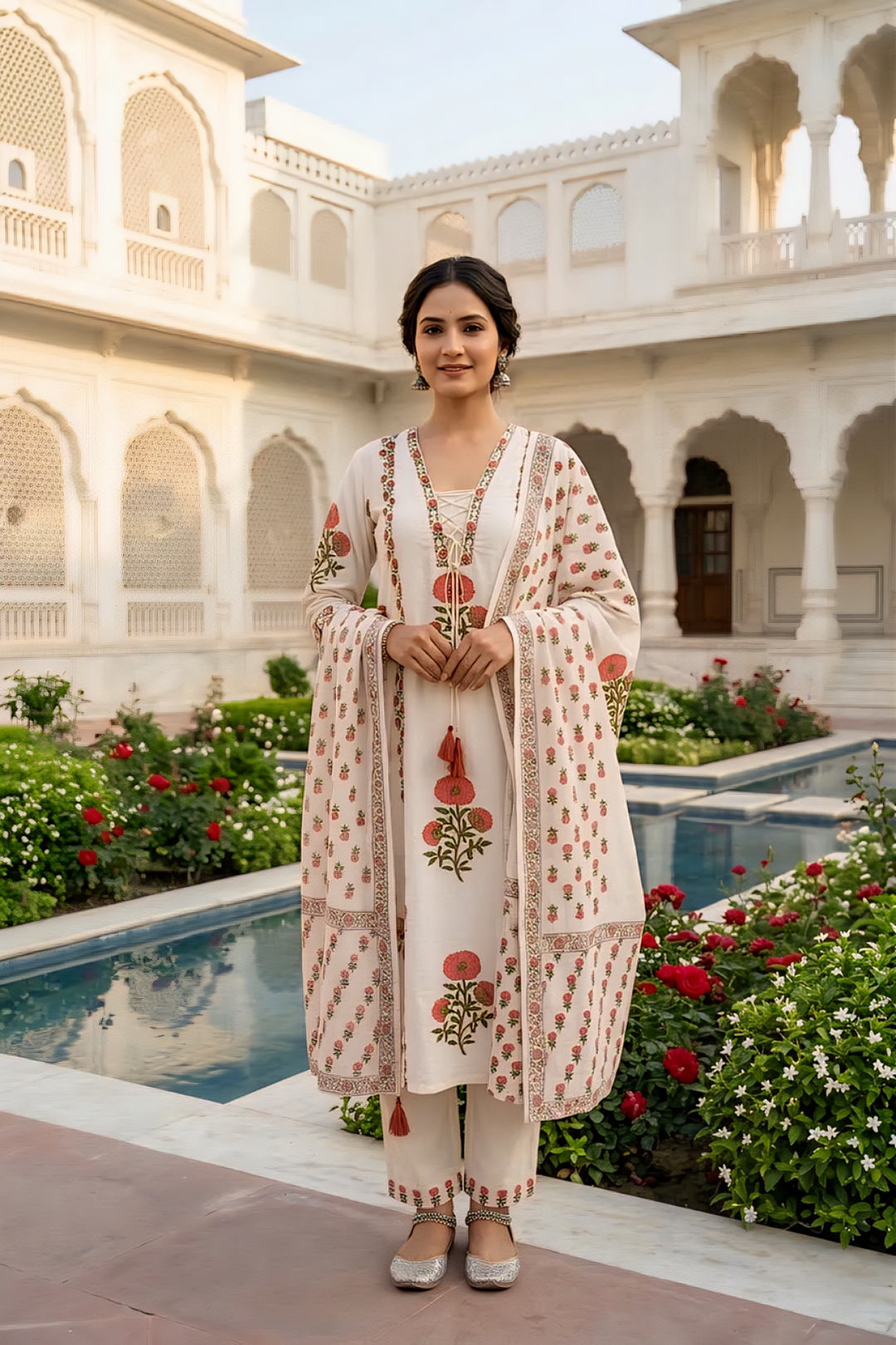 Neerus White cotton digital printed suit set - front view