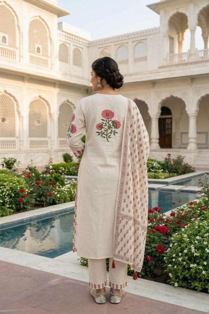 Neerus White cotton digital printed suit set - side view