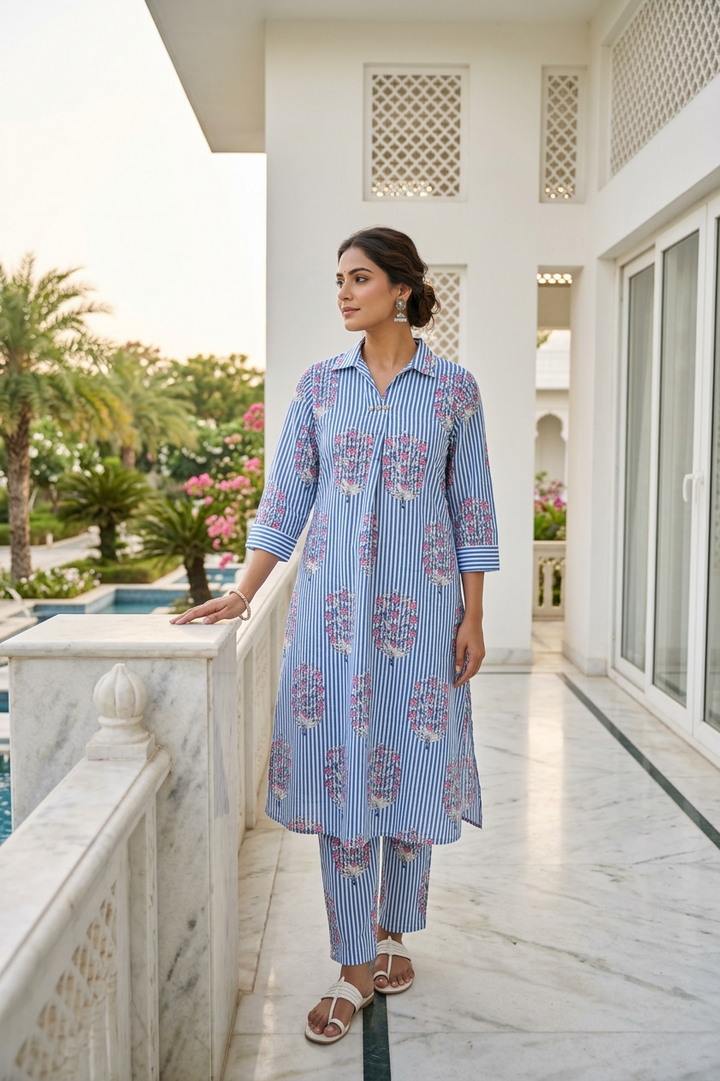 Neerus Blue cotton digital printed co-ord set - front view