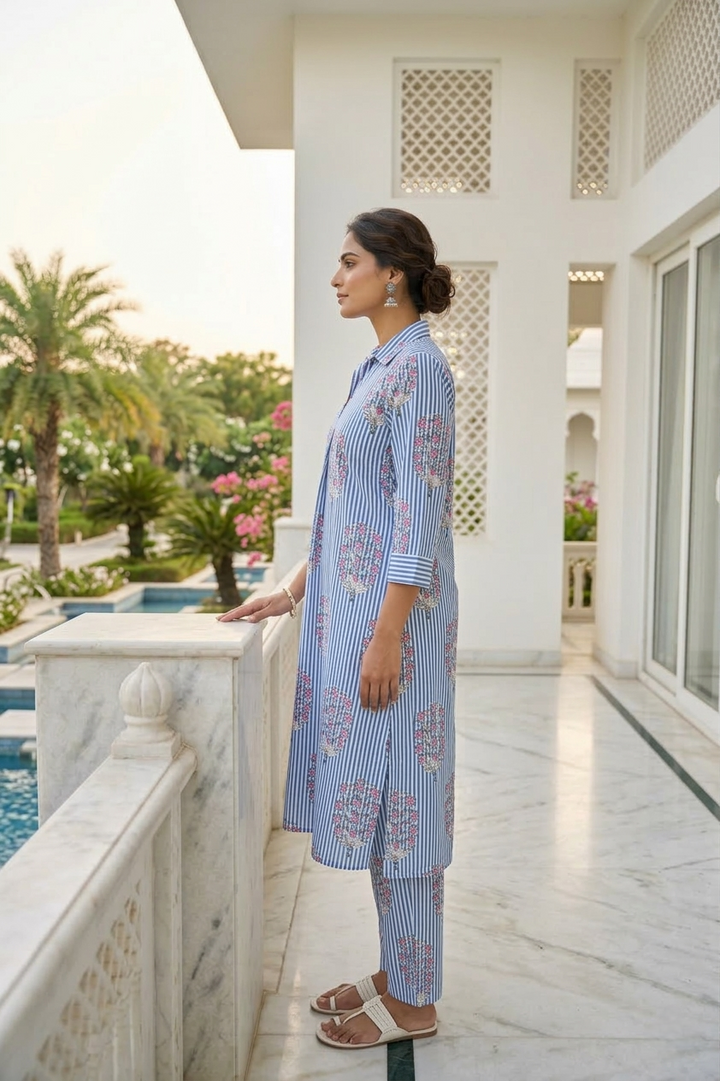 Neerus Blue cotton digital printed co-ord set - back view