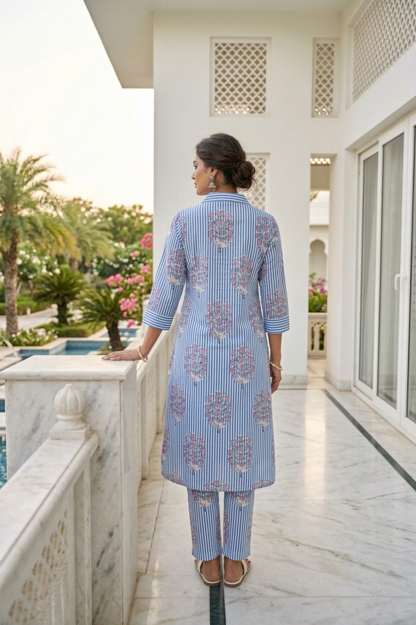 Neerus Blue cotton digital printed co-ord set - side view