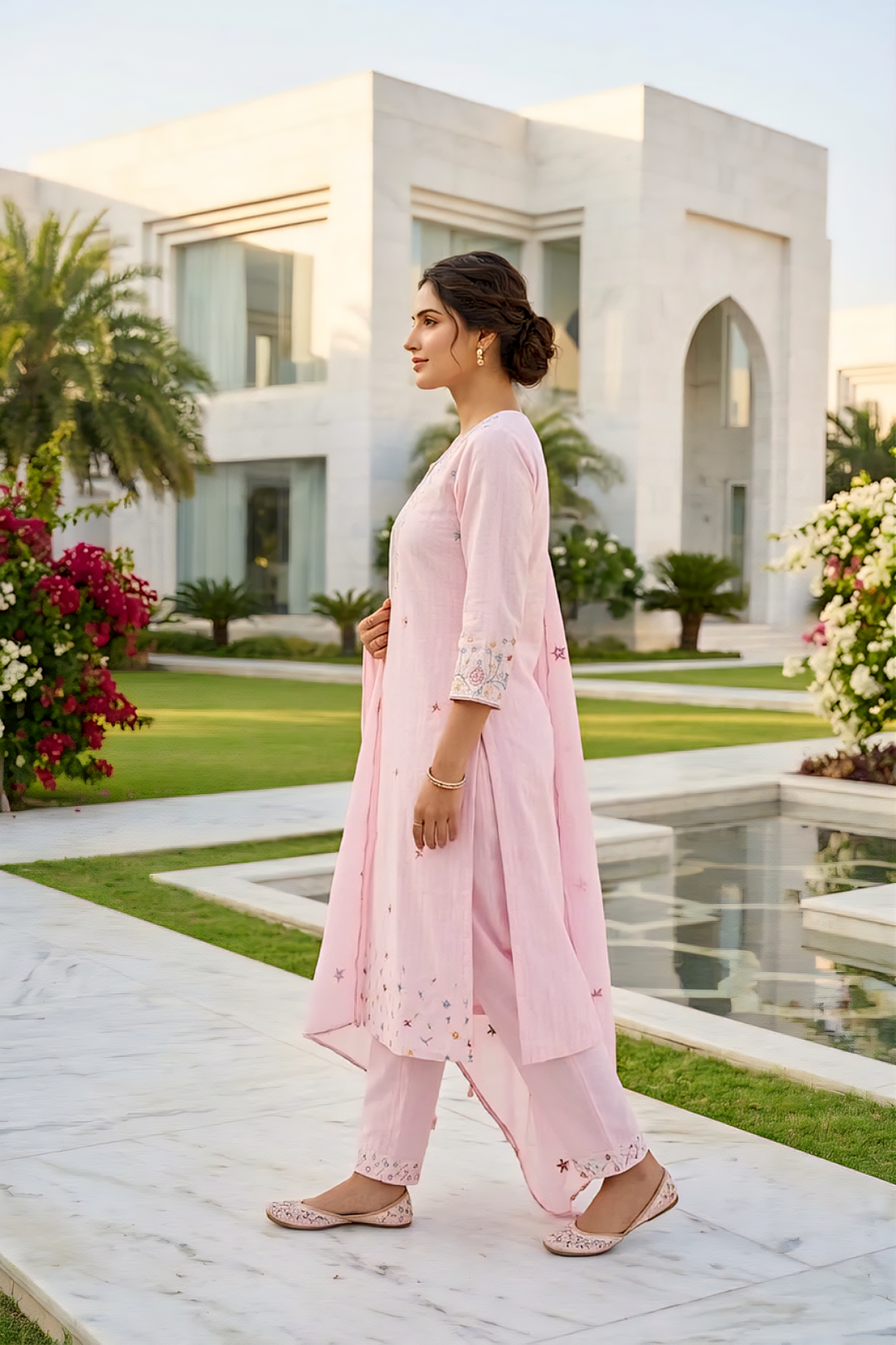 Neerus Pink cotton thread embroidered suit set - back view