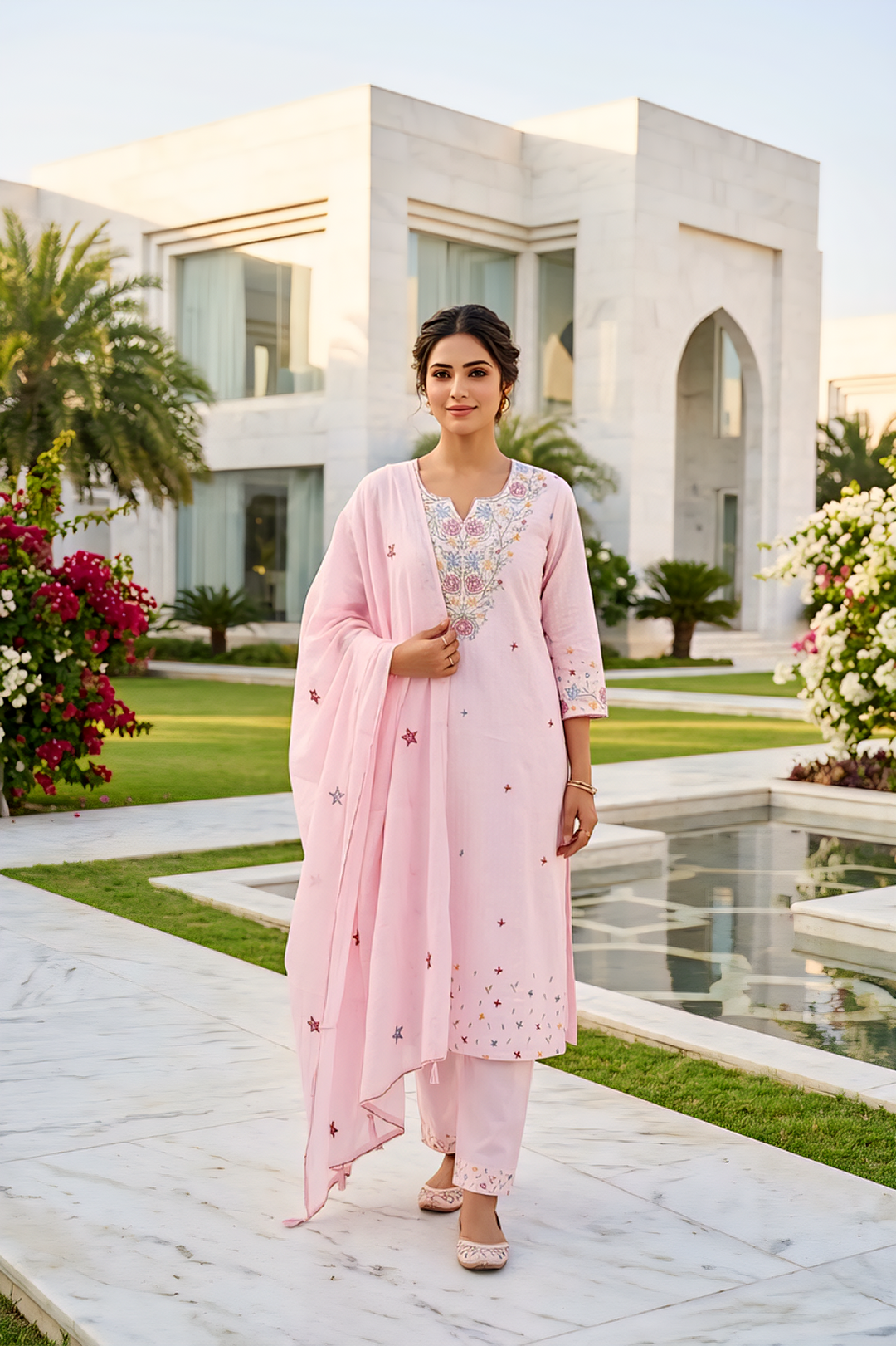 Neerus Pink cotton thread embroidered suit set - side view