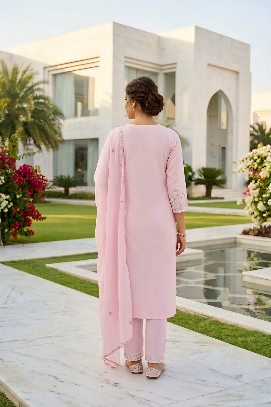Neerus Pink cotton thread embroidered suit set - detail view 1