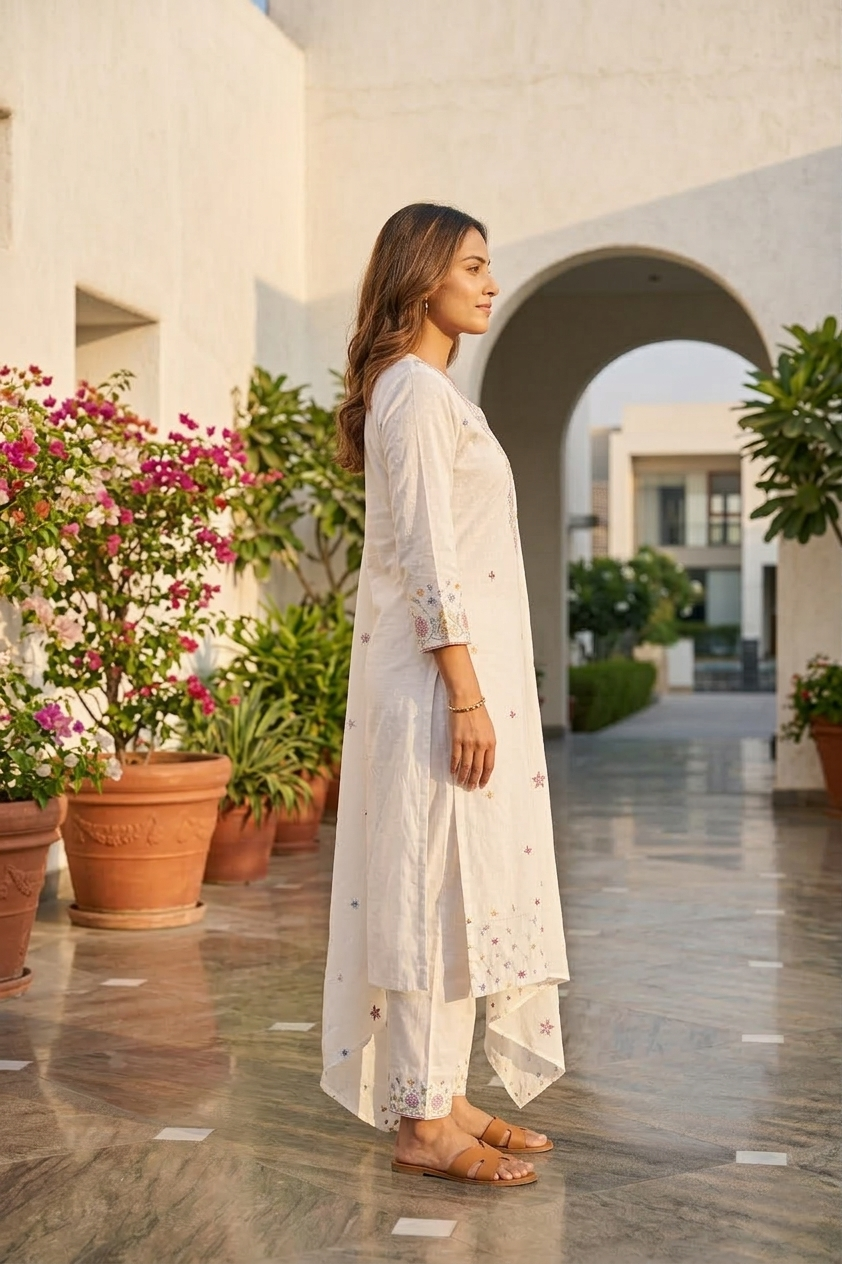Neerus White cotton thread embroidered suit set - back view