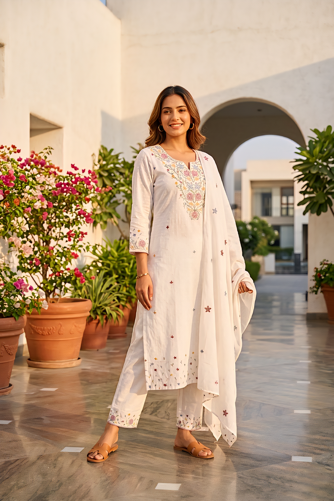 Neerus White cotton thread embroidered suit set - front view