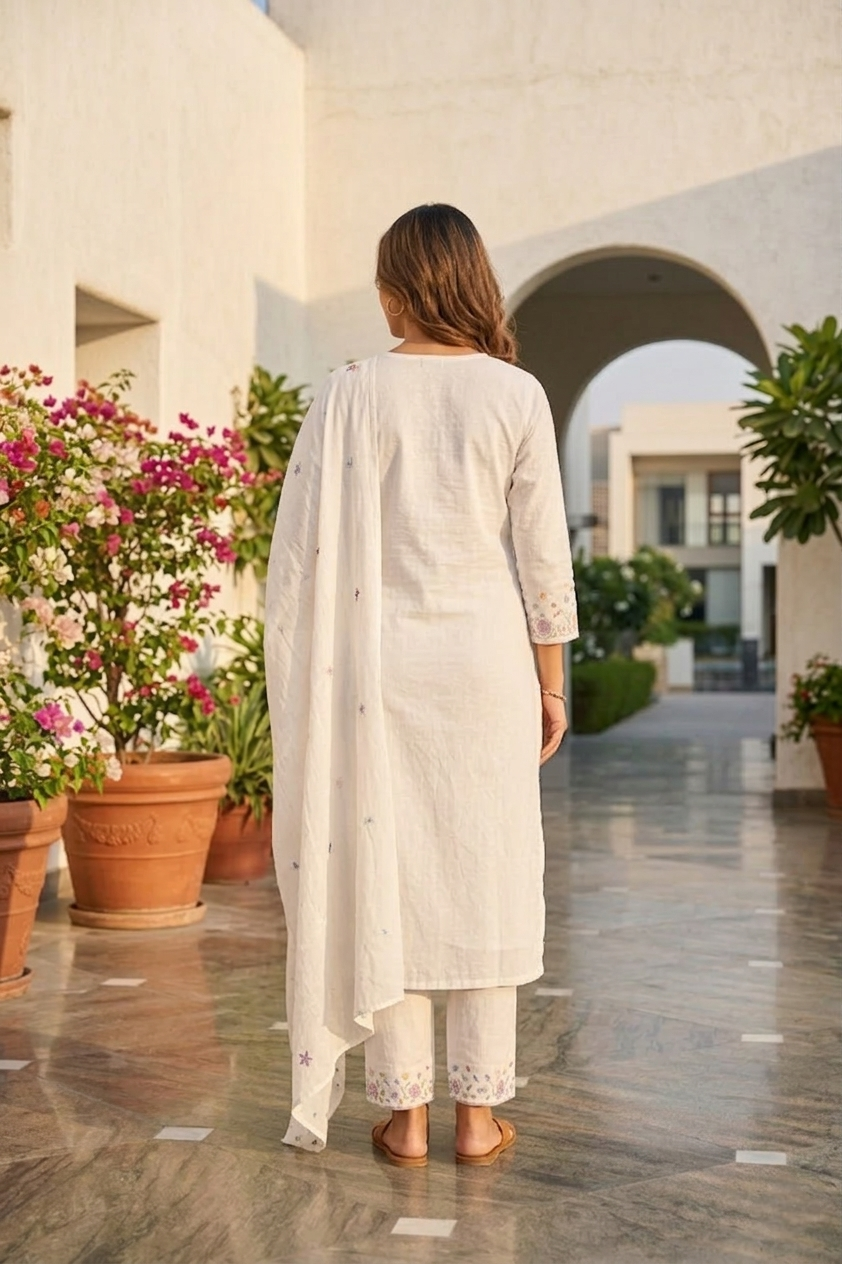 Neerus White cotton thread embroidered suit set - side view
