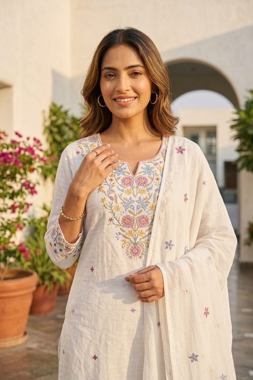 Neerus White cotton thread embroidered suit set - detail view 1