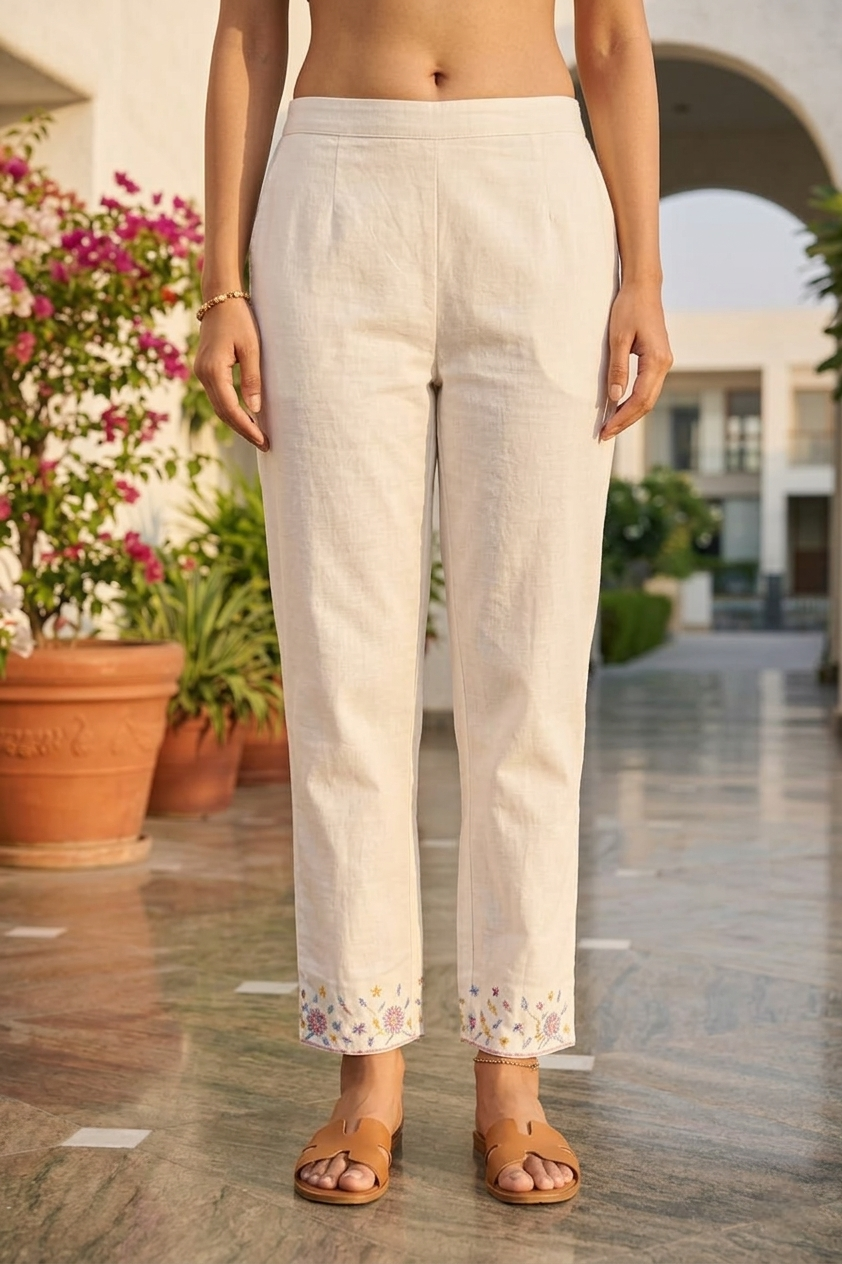 Neerus White cotton thread embroidered suit set - detail view 2