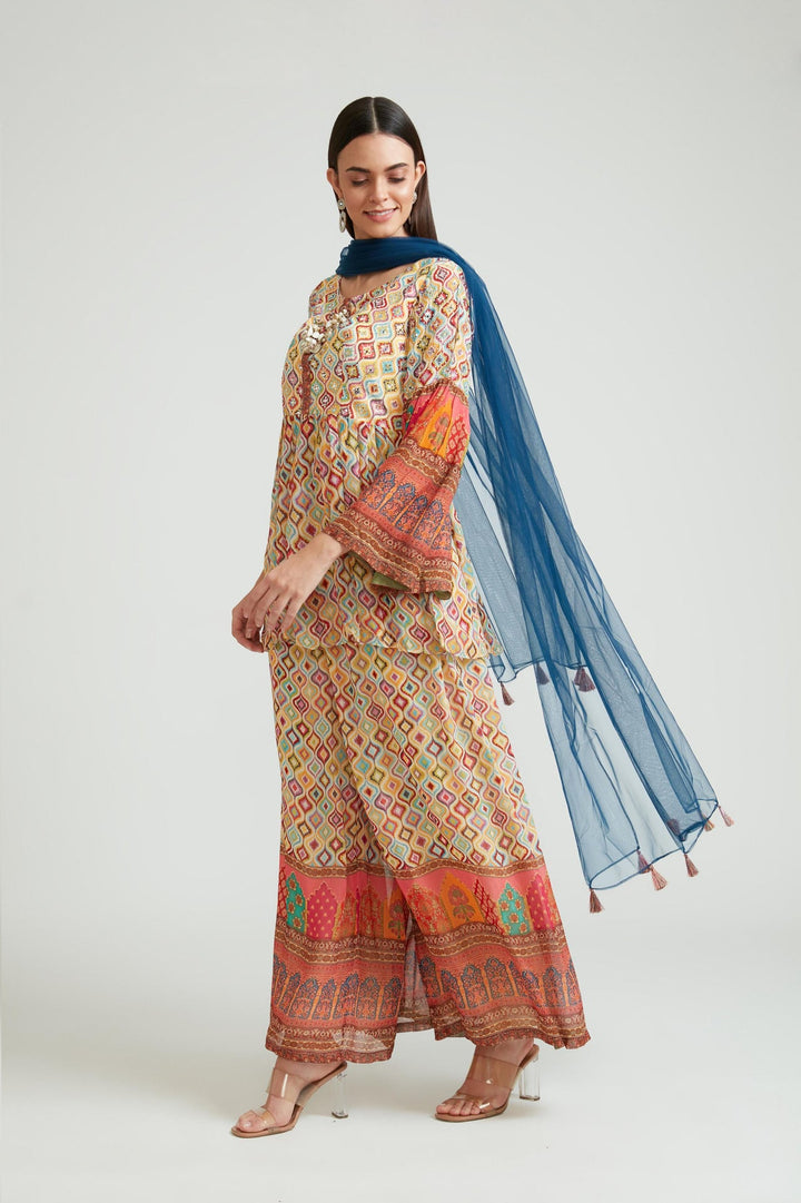 Neerus Beige georgette embroidered anarkali suit set - front view