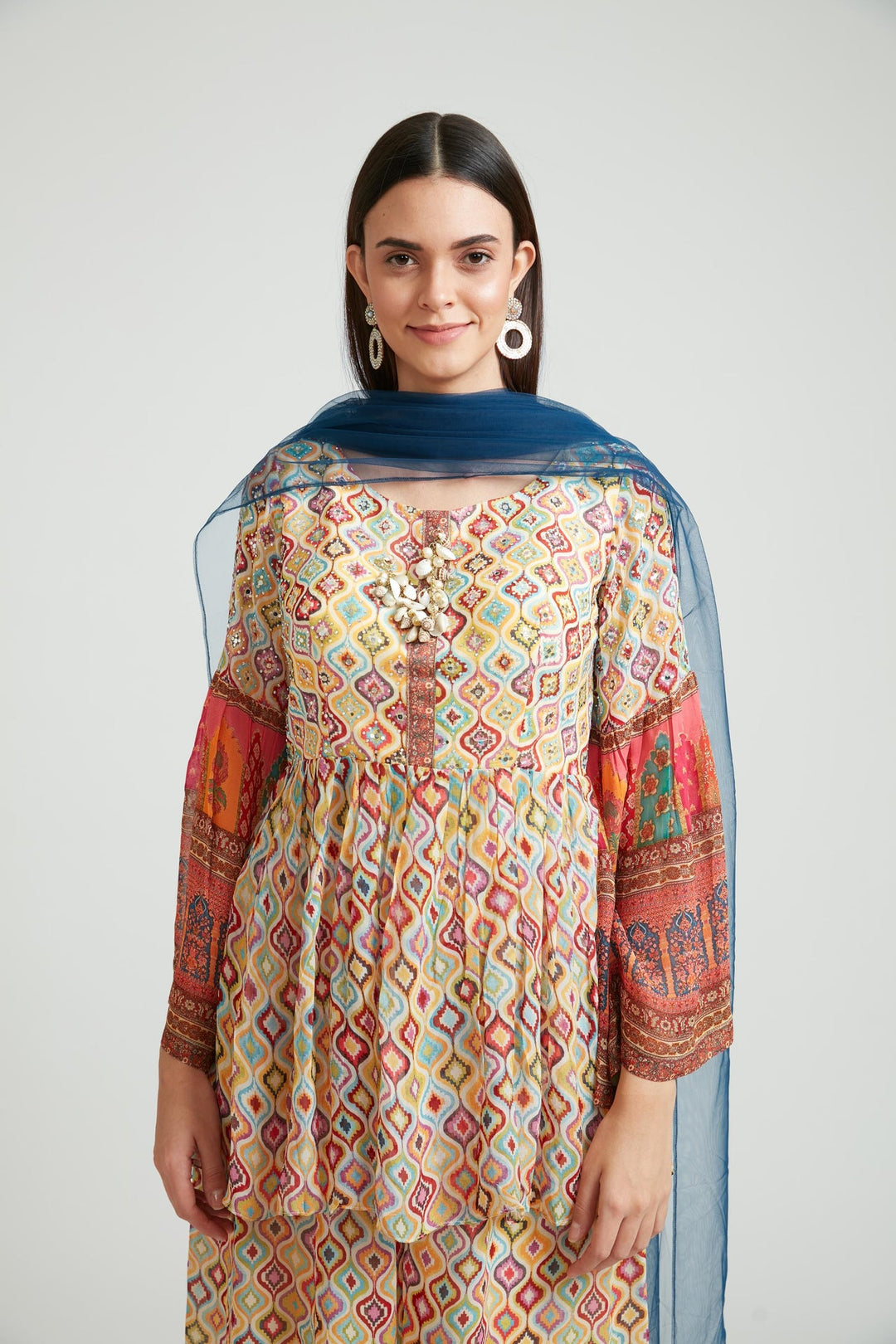 Neerus Beige georgette embroidered anarkali suit set - back view