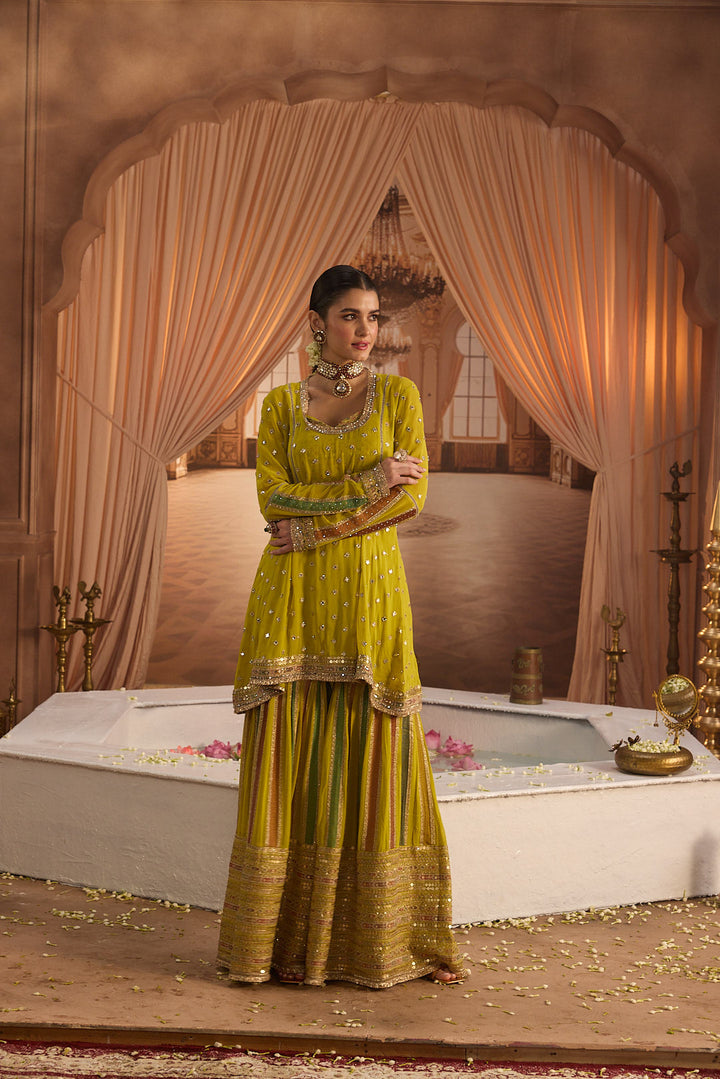 Neerus Variyali Green Embroidery Work Georgette Fabric Kurti and Gharara With Dupatta