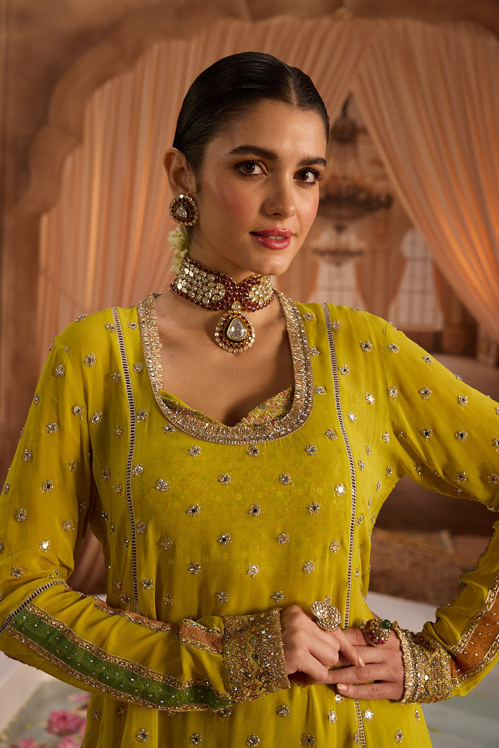 Neerus Variyali Green Embroidery Work Georgette Fabric Kurti and Gharara With Dupatta