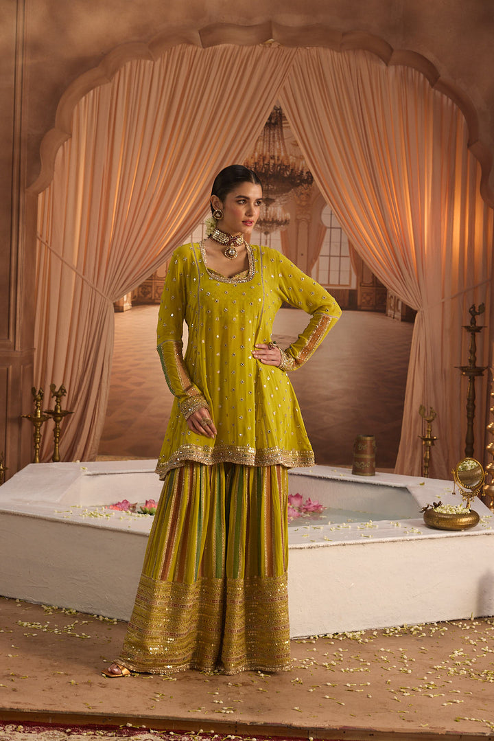 Neerus Variyali Green Embroidery Work Georgette Fabric Kurti and Gharara With Dupatta