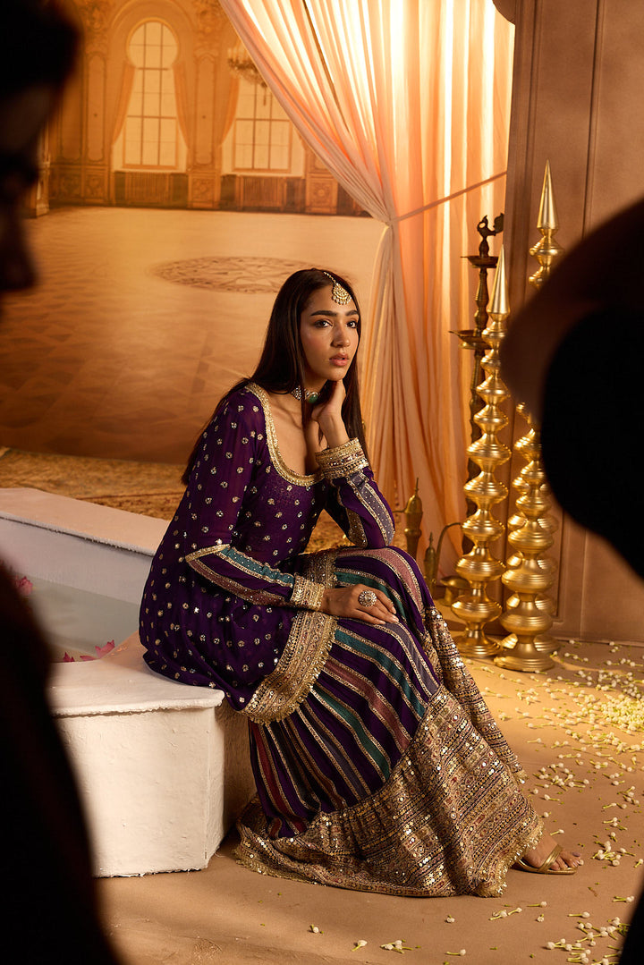 Neerus Purple Embroidery Work Georgette Fabric Kurti and Gharara With Dupatta