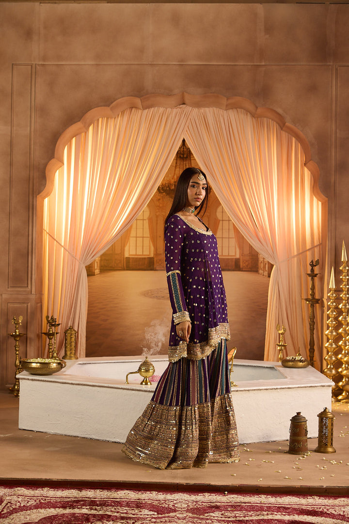 Neerus Purple Embroidery Work Georgette Fabric Kurti and Gharara With Dupatta