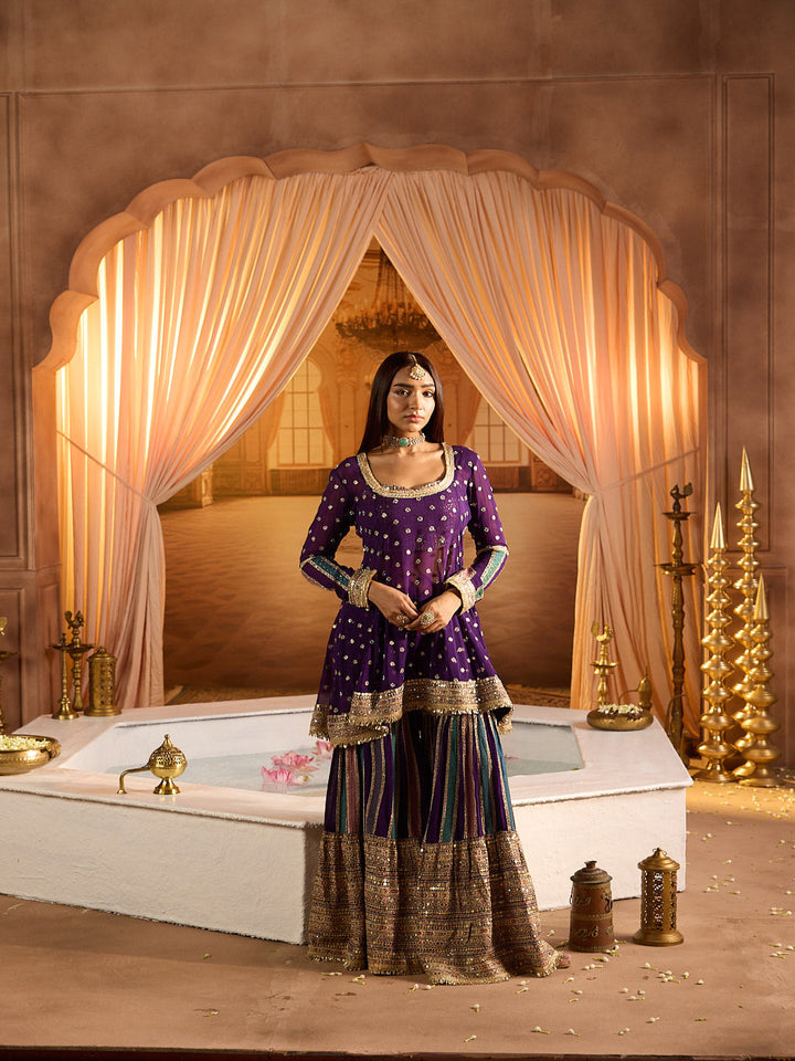 Neerus Purple Embroidery Work Georgette Fabric Kurti and Gharara With Dupatta