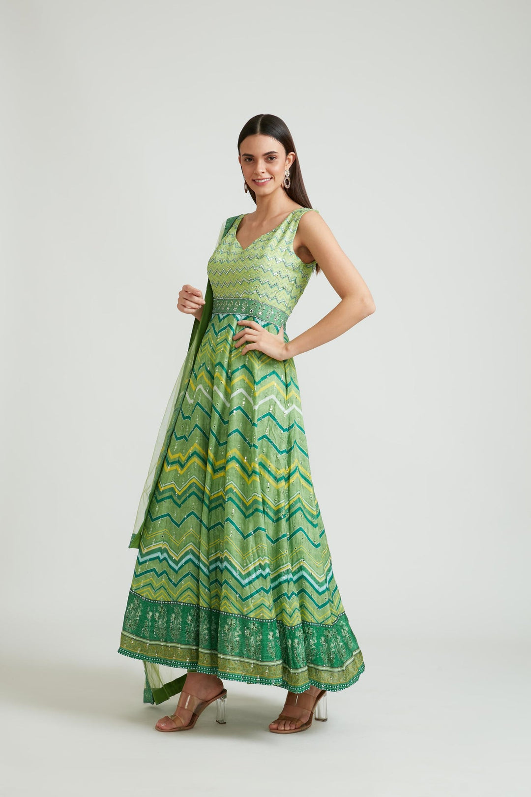 Neerus Green silk embroidered anarkali suit set - front view