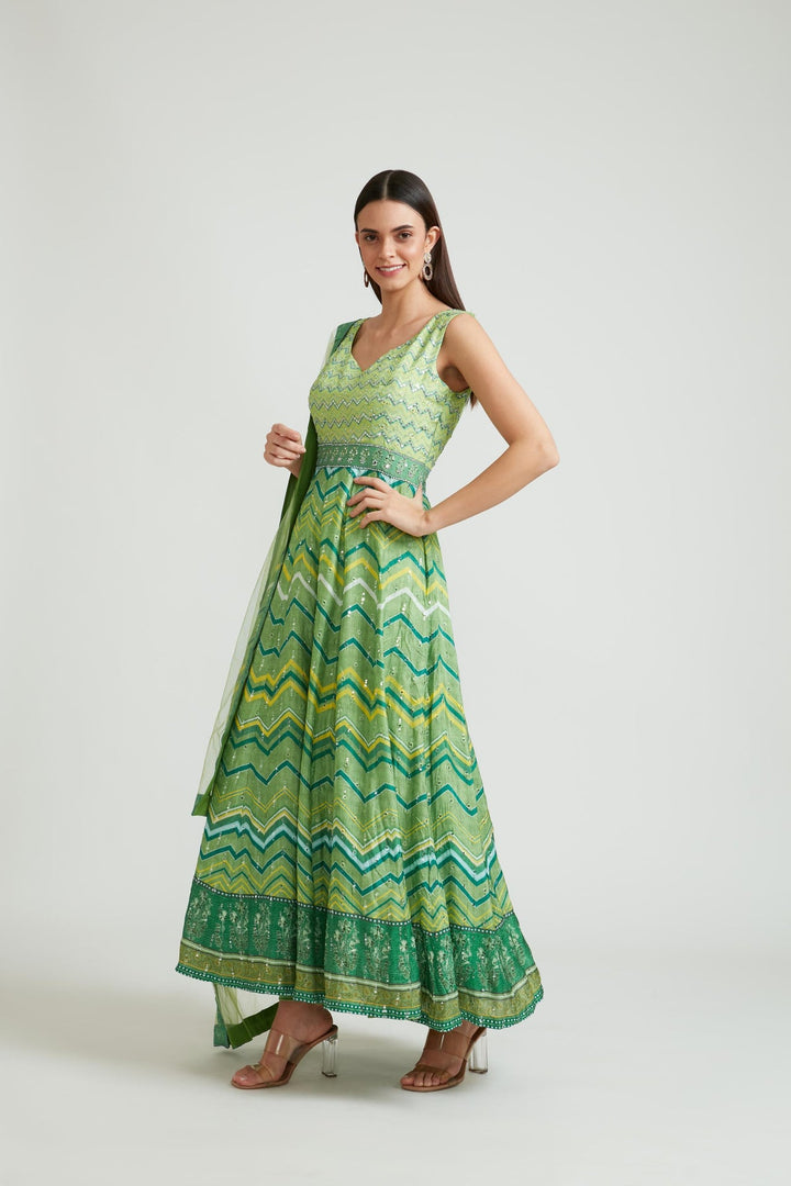 Neerus Green silk embroidered anarkali suit set - front view