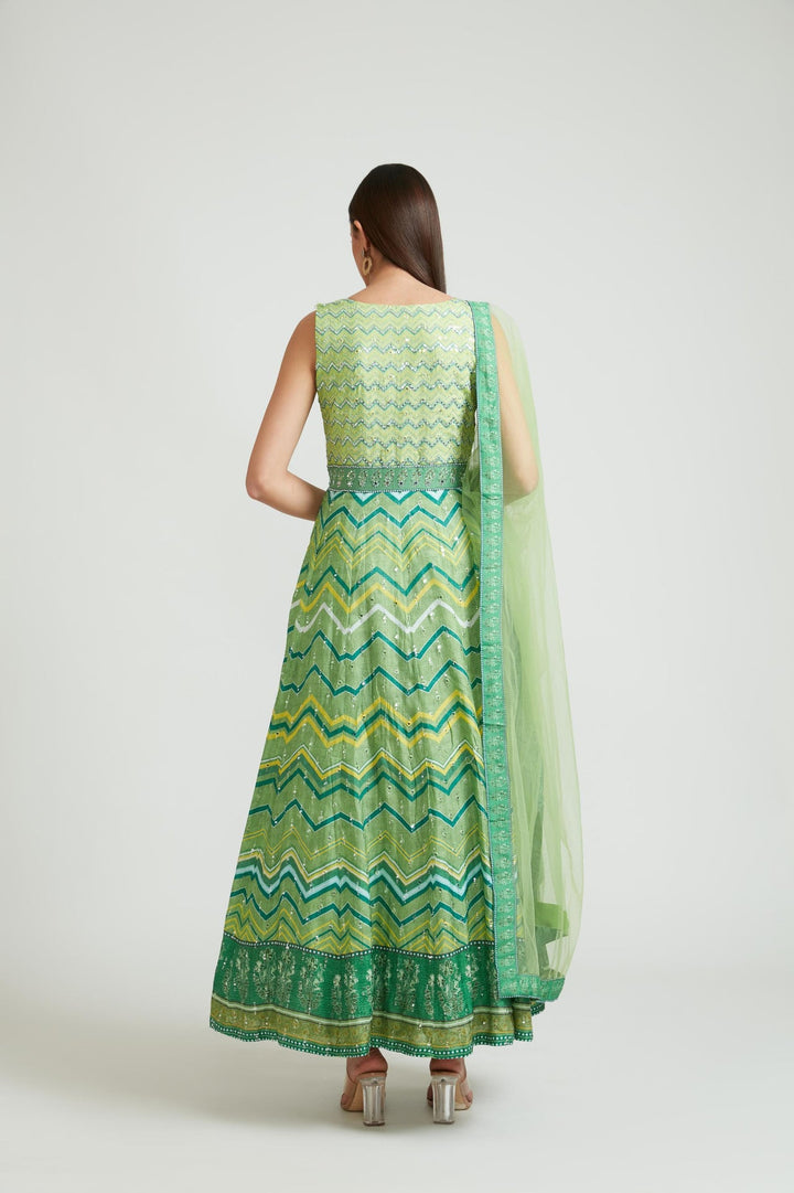 Neerus Green silk embroidered anarkali suit set - back view
