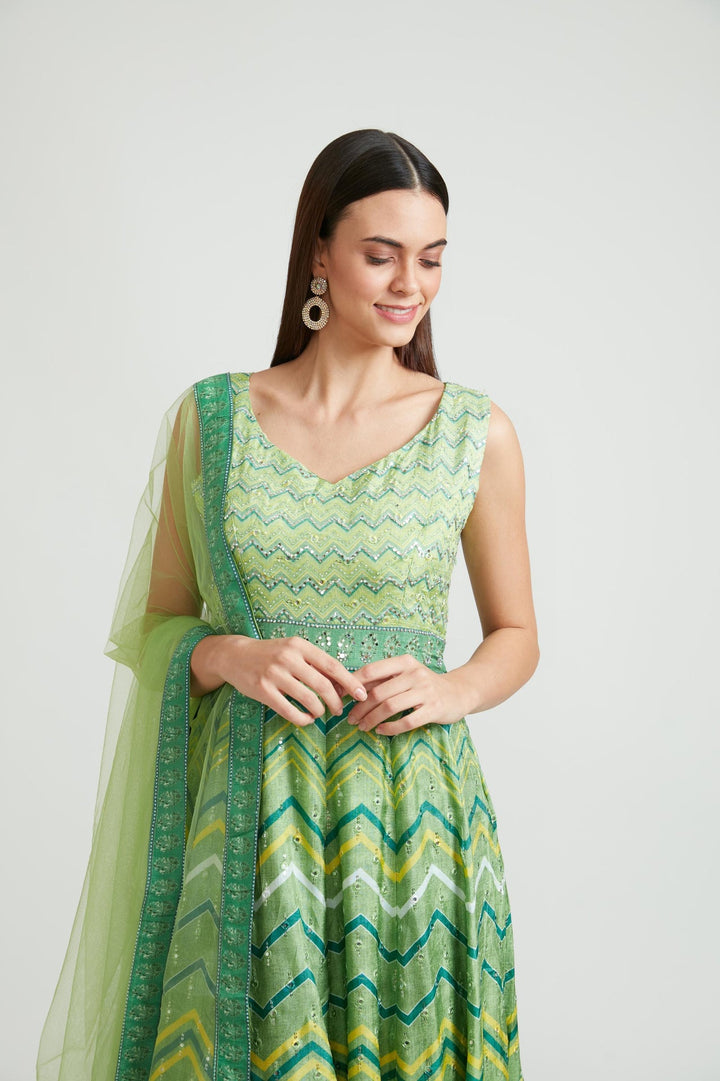 Neerus Green silk embroidered anarkali suit set - detail view 2
