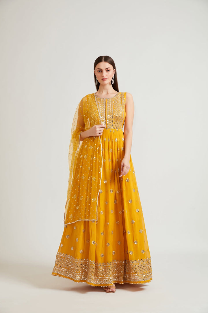 Neerus Yellow georgette embroidered gown - front view