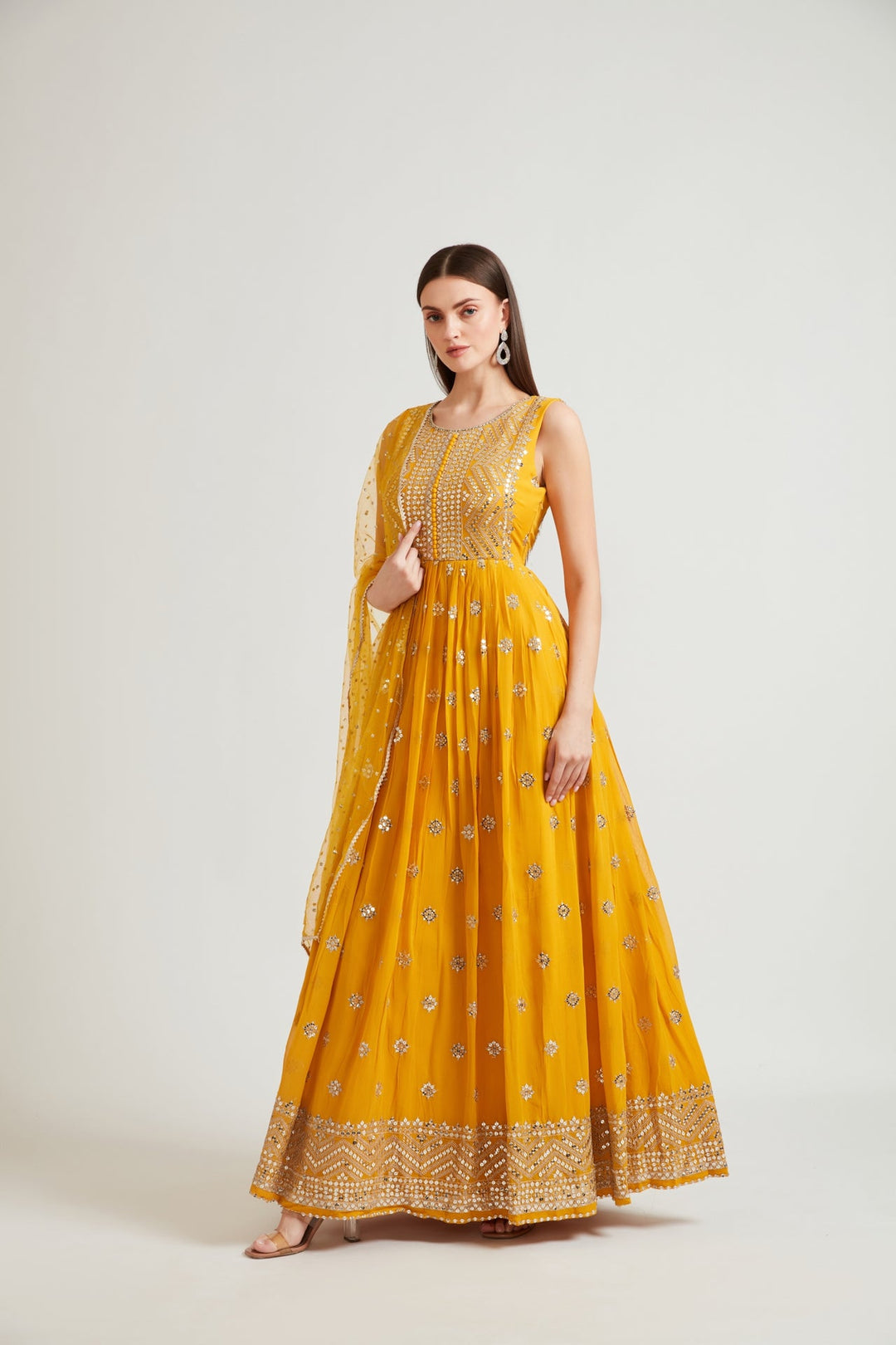 Neerus Yellow georgette embroidered gown - back view